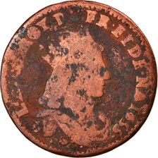 Monnaie, France, Louis XIV, Liard de France, 1655, Pont-de-l'Arche, B+, Cuivre
