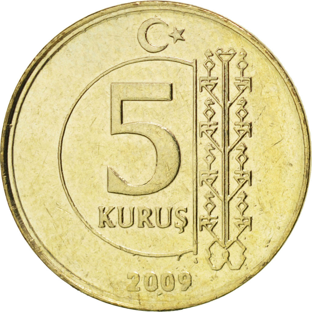Moneda, Turquía, 5 Kurus, 2009, SC, Latón, KM:1240