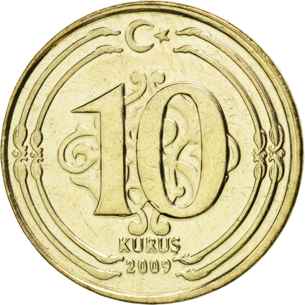 Coin, Turkey, 10 Kurus, 2009, MS(63), Brass, KM:1241