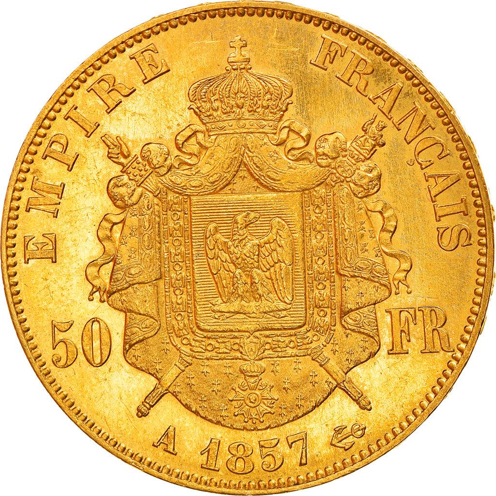 Moneta, Francja, Napoleon III, 50 Francs, 1857, Paris, AU(55-58), Złoto