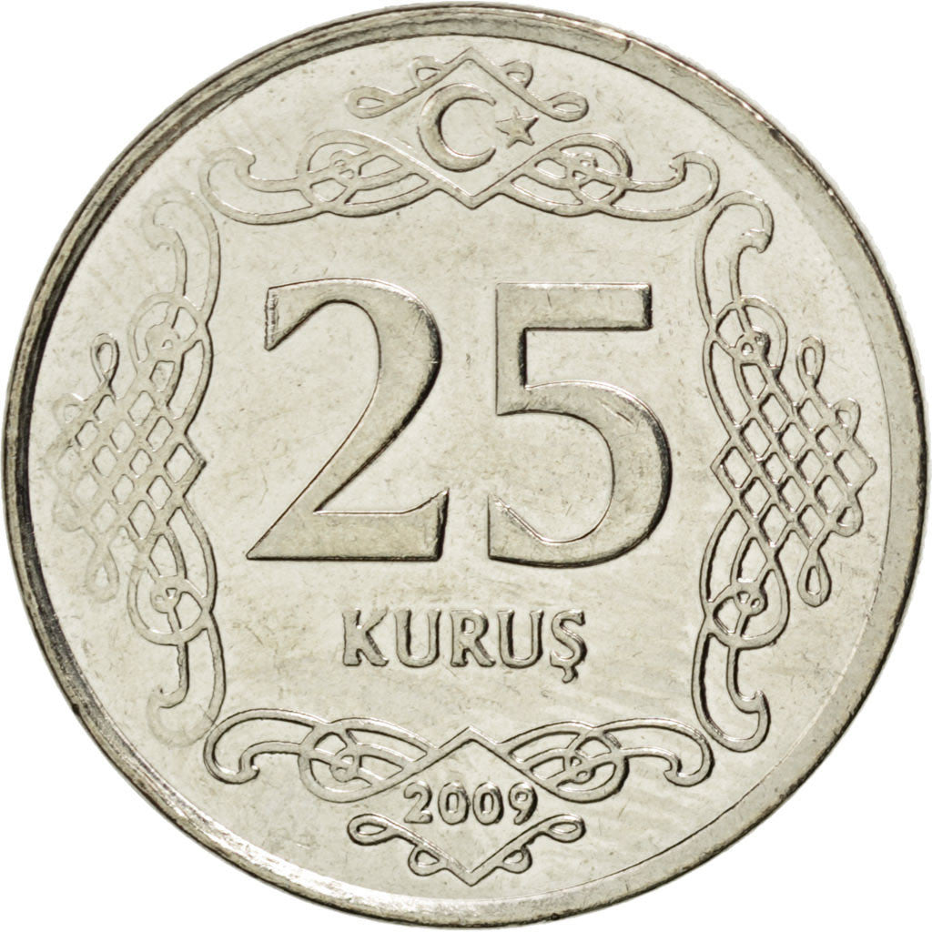 Coin, Turkey, 25 Kurus, 2009, MS(63), Copper-nickel, KM:1242