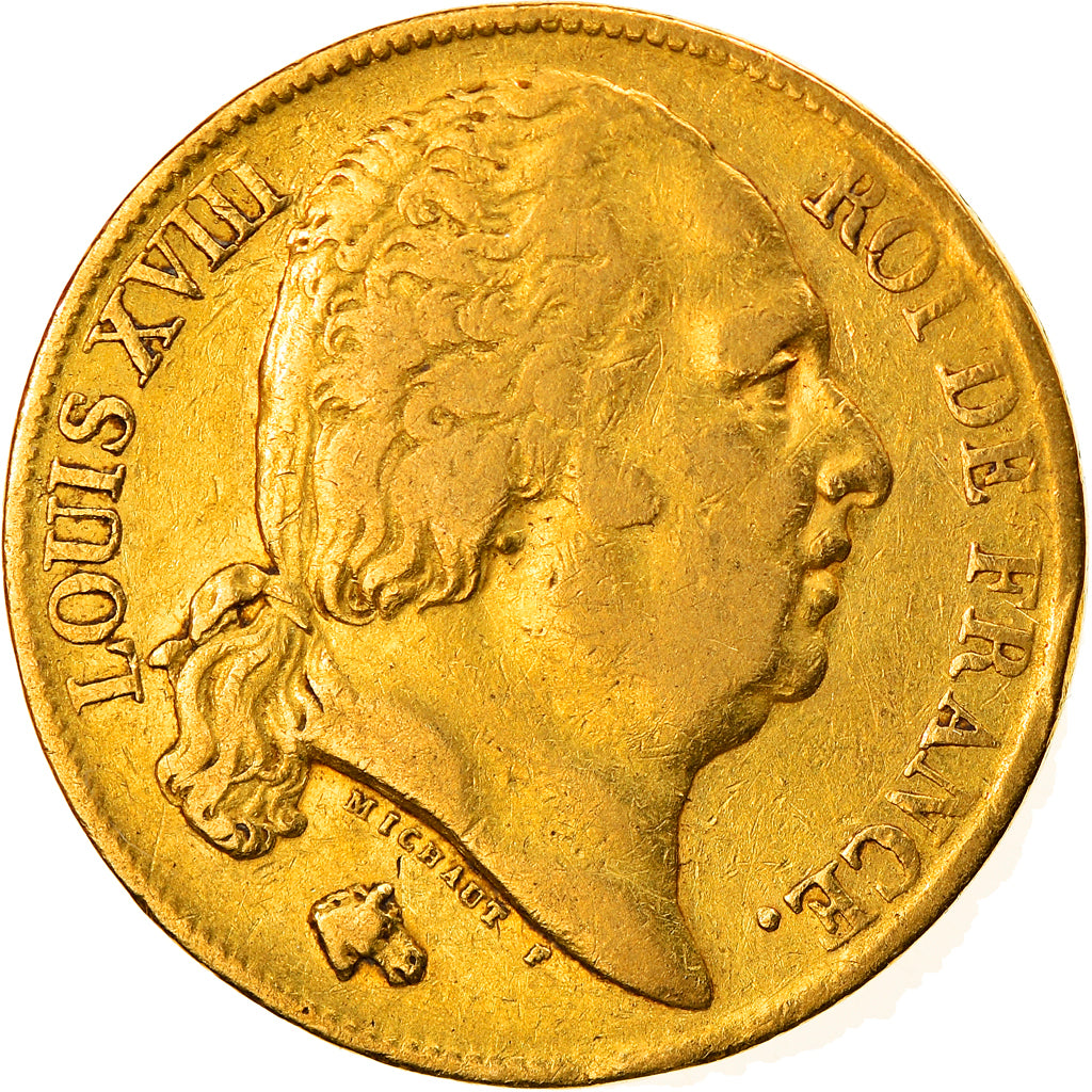 Moneda, Francia, Louis XVIII, 20 Francs, 1820, Perpignan, MBC, Oro, KM:712.7