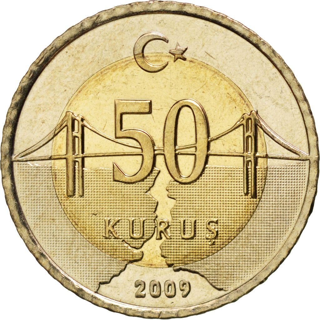TURKEY, 50 Kurus, 2009, KM #1243, MS(63), Bi-Metallic, 6.88