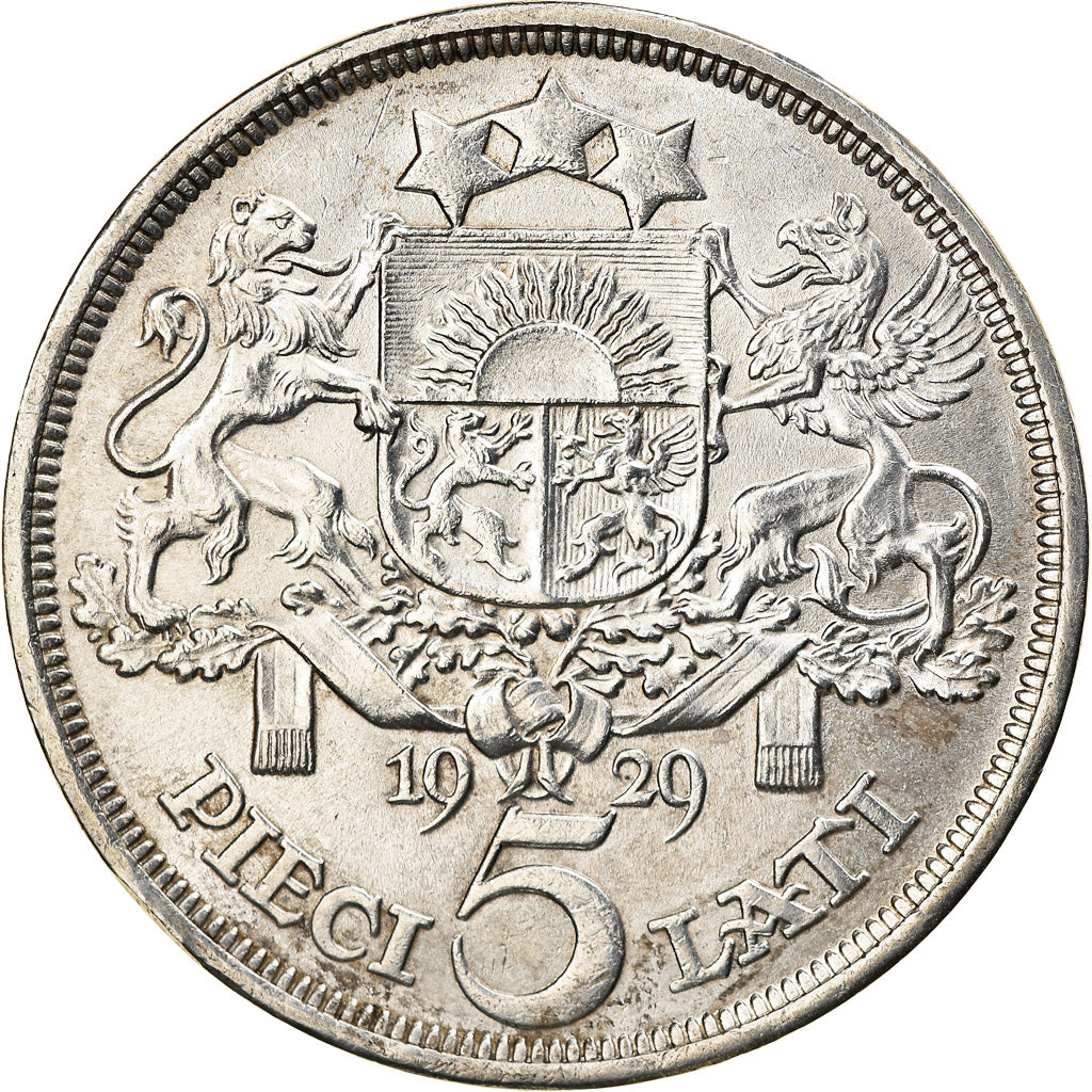Coin, Latvia, 5 Lati, 1929, AU(50-53), Silver, KM:9