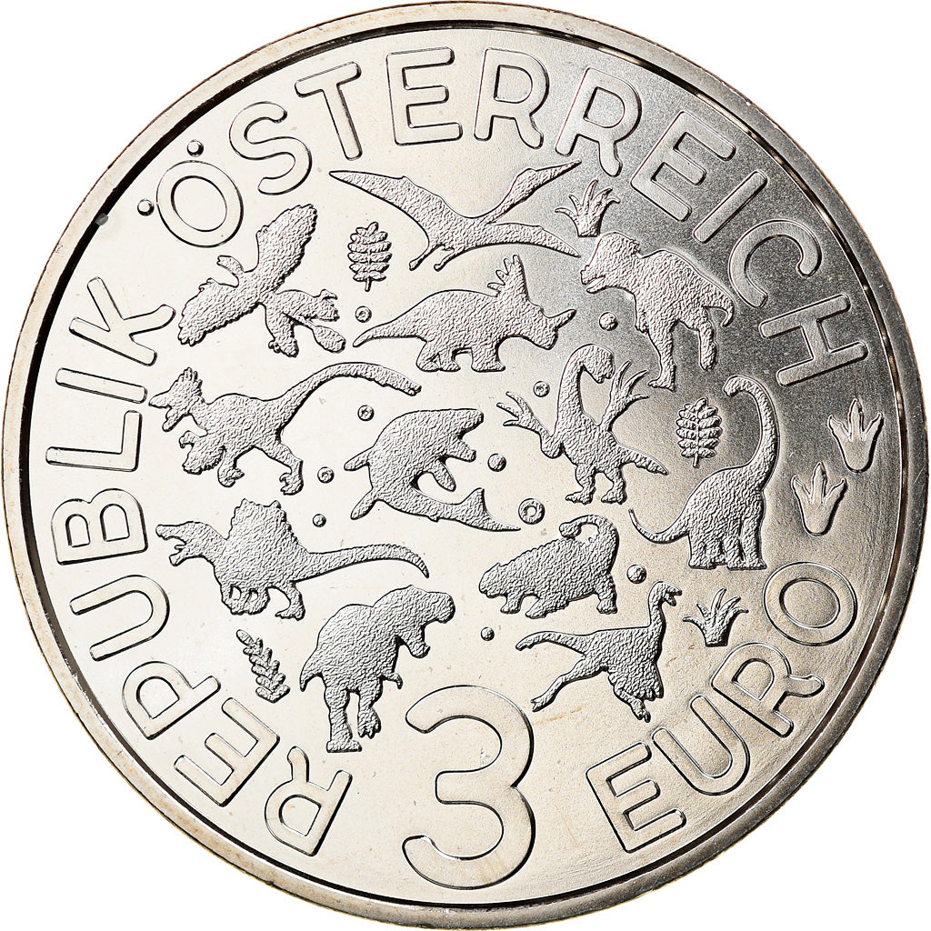 Austria, 3 Euro, Mosasaurus, 2020, Colourized, MS(65-70), Copper-nickel