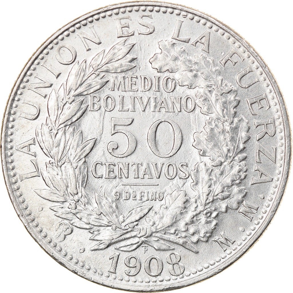 Coin, Bolivia, 50 Centavos, 1/2 Boliviano, 1908, AU(50-53), Silver, KM:175.1