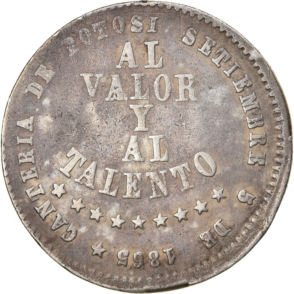 Moneda, Bolivia, 1/2 Melgarejo, 1865, BC+, Plata, KM:145.2