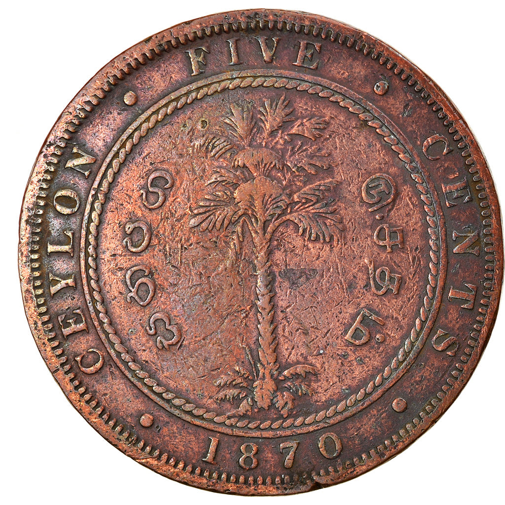 Coin, Ceylon, Victoria, 5 Cents, 1870, VF(20-25), Copper, KM:93