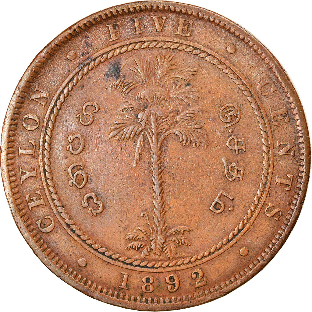 Moneta, Ceylon, Victoria, 5 Cents, 1892, BB, Rame, KM:93