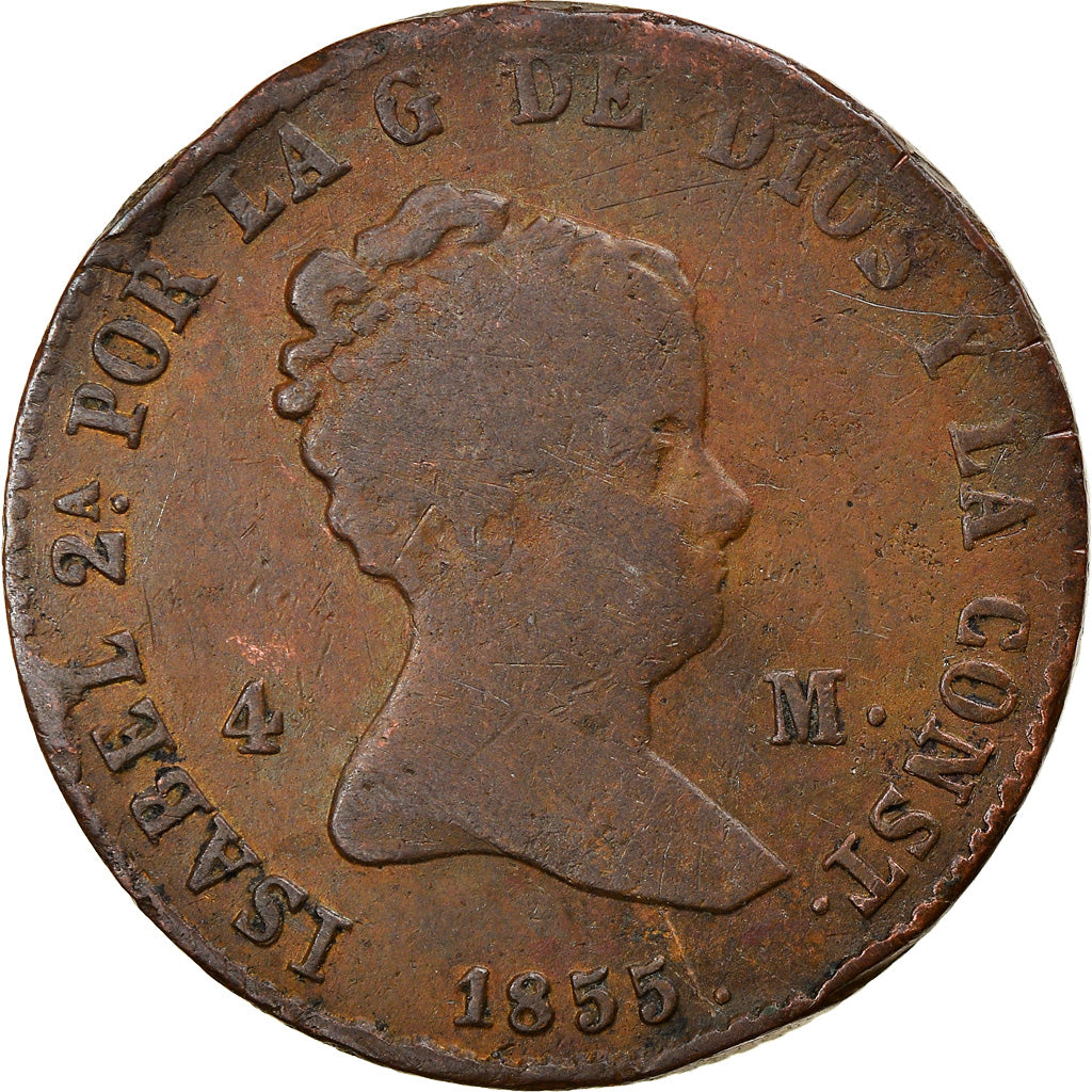 Moneda, España, Isabel II, 4 maravedis, 1855, Barcelona, BC+, Cobre, KM:530.1