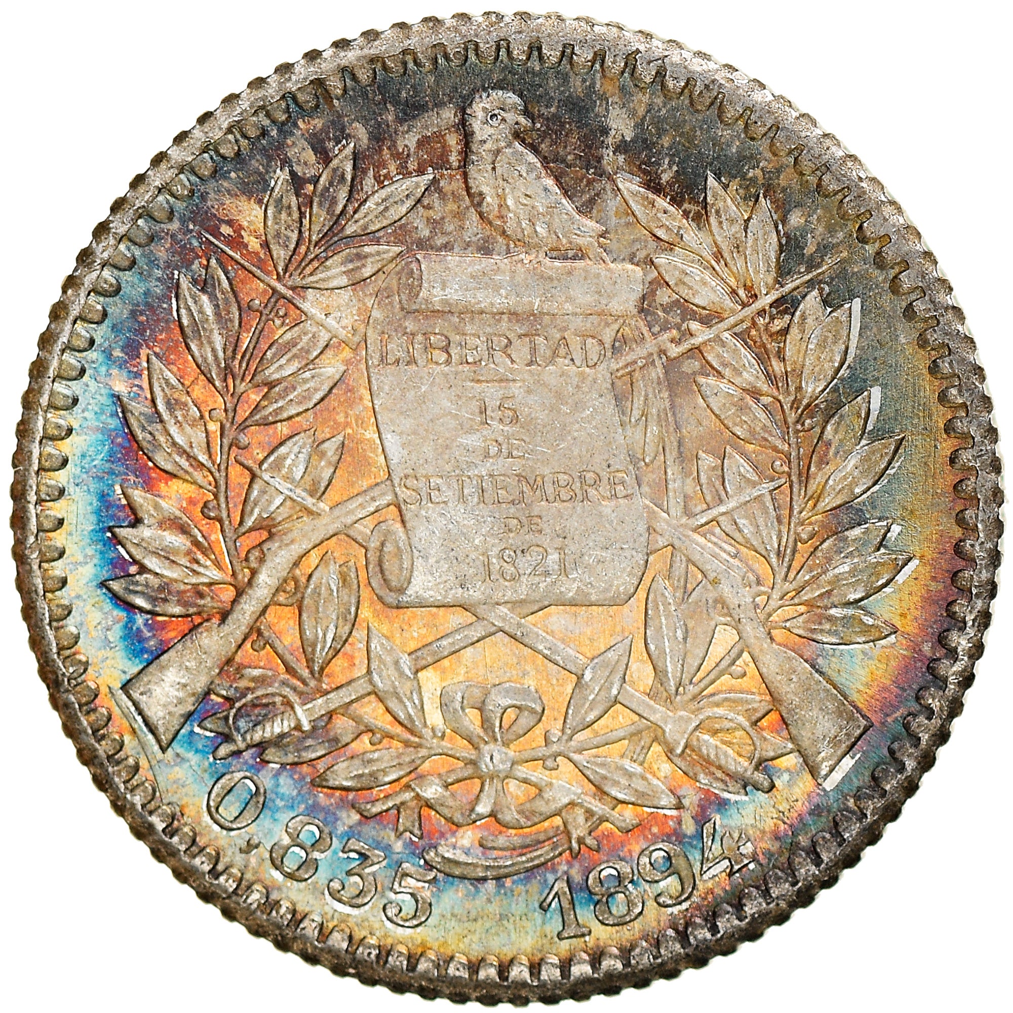 Coin, Guatemala, 1/2 Real, Medio, 1894, MS(64), Silver, KM:165