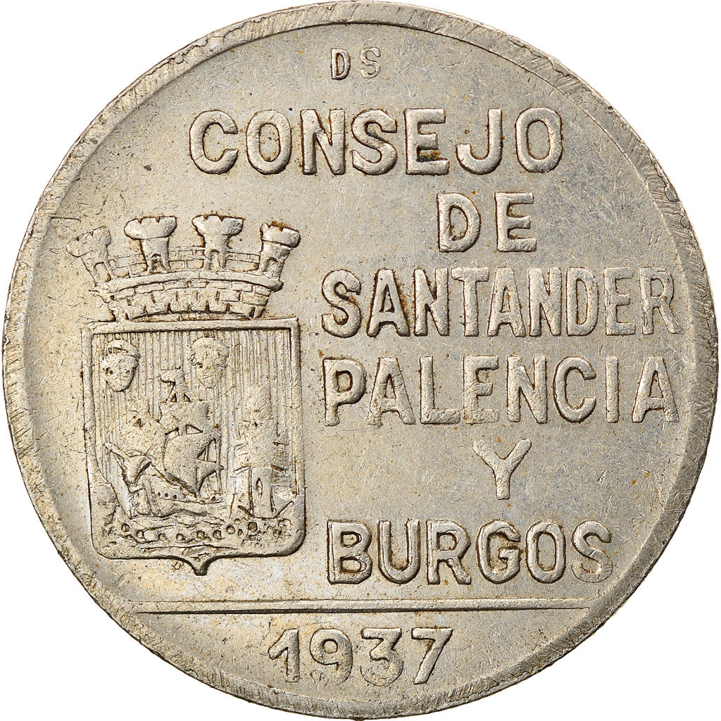 Munten, SPAANSE BURGEROORLOG, SANTANDER, PALENCIA & BURGOS, Peseta, 1937, ZF+