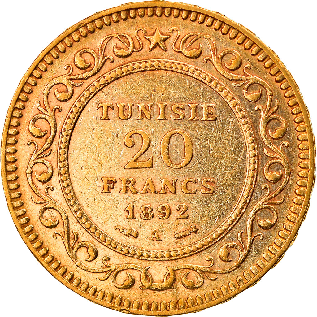 Coin, Tunisia, Ali Bey, 20 Francs, 1892, Paris, EF(40-45), Gold, KM:227