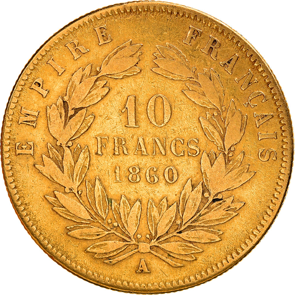 Moneda, Francia, Napoleon III, 10 Francs, 1860, Paris, BC+, Oro, KM:784.3