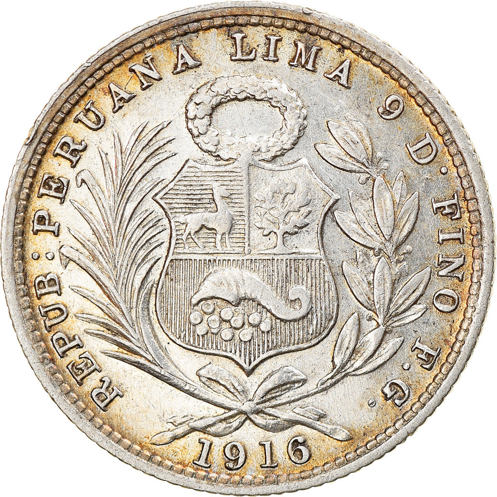 Moneda, Perú, 1/5 Sol, 1916, Lima, MBC+, Plata, KM:205.2