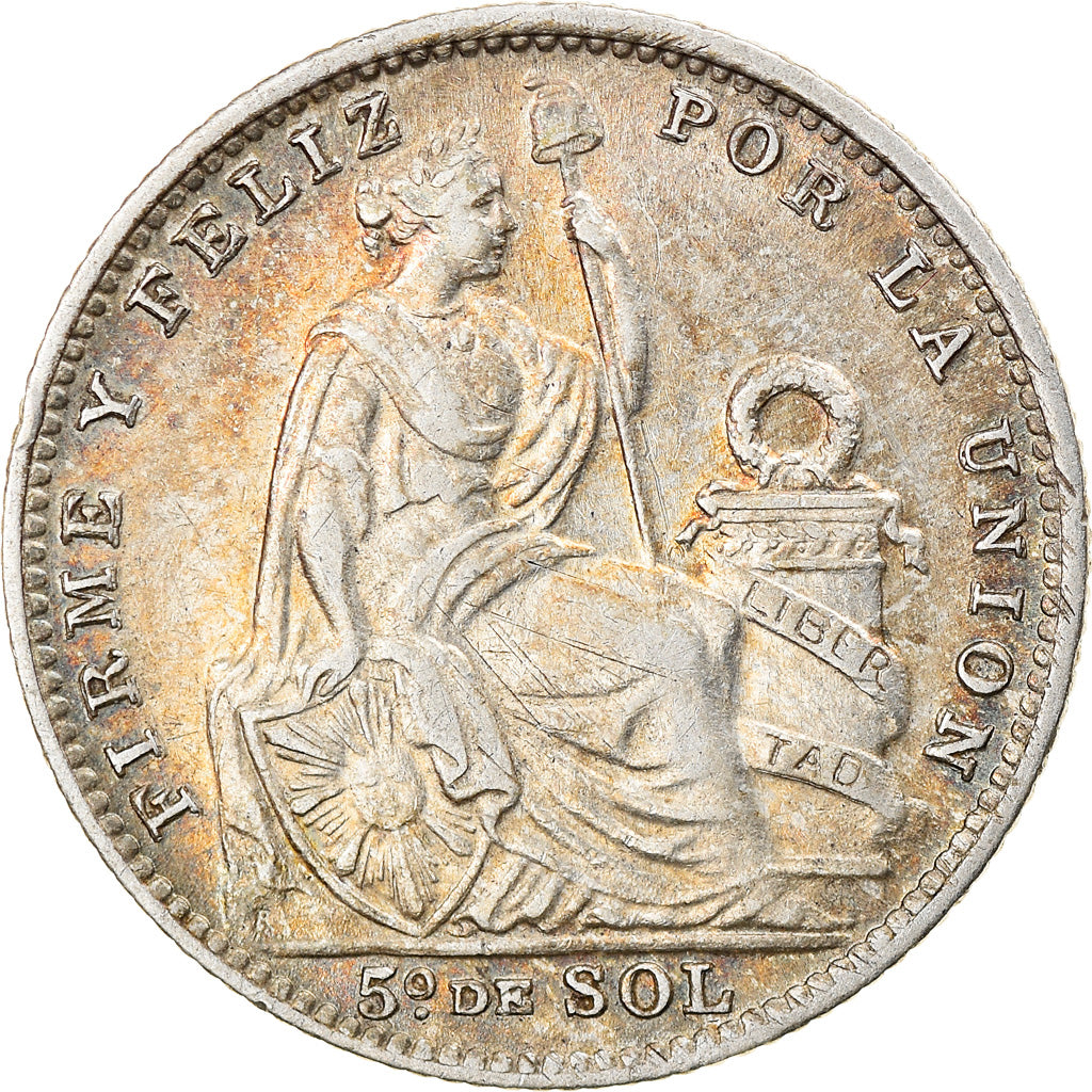 Moneda, Perú, 1/5 Sol, 1916, Lima, MBC+, Plata, KM:205.2