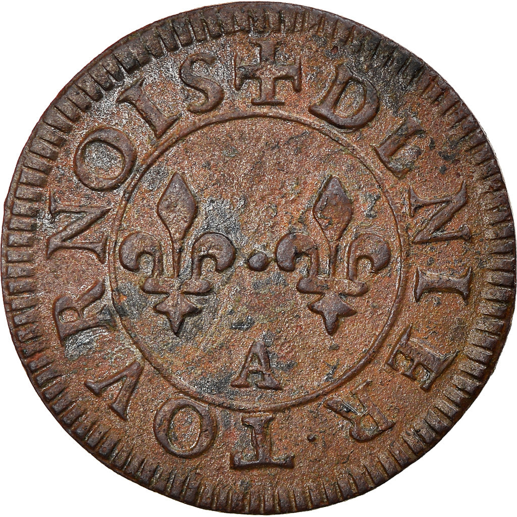 Moeda, França, Henri III, Denier Tournois, Paris, Stars, AU(50-53), Cobre