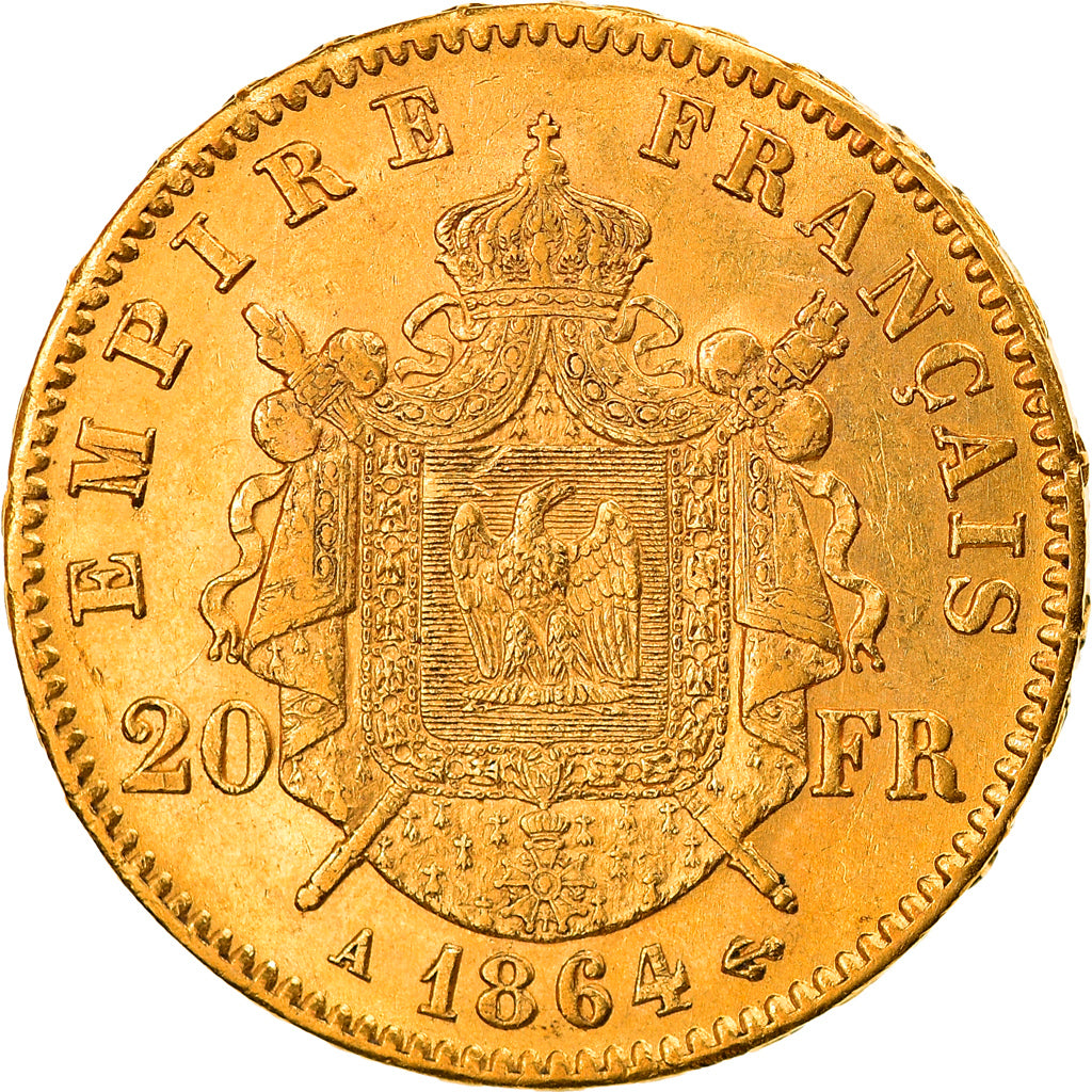 Moneda, Francia, Napoléon III, 20 Francs, 1864, Paris, MBC+, Oro, KM:801.1