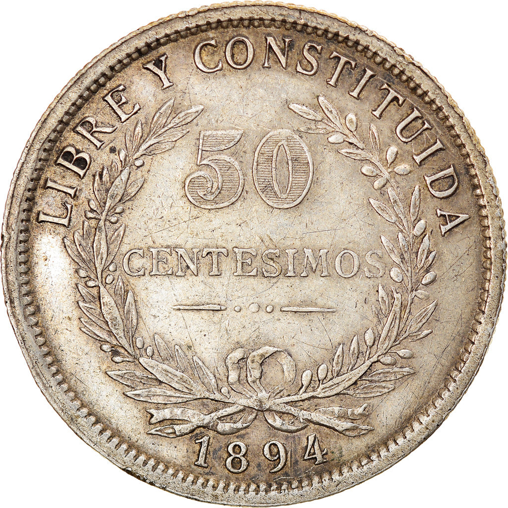 Coin, Uruguay, 50 Centesimos, 1894, Uruguay Mint, AU(50-53), Silver, KM:16
