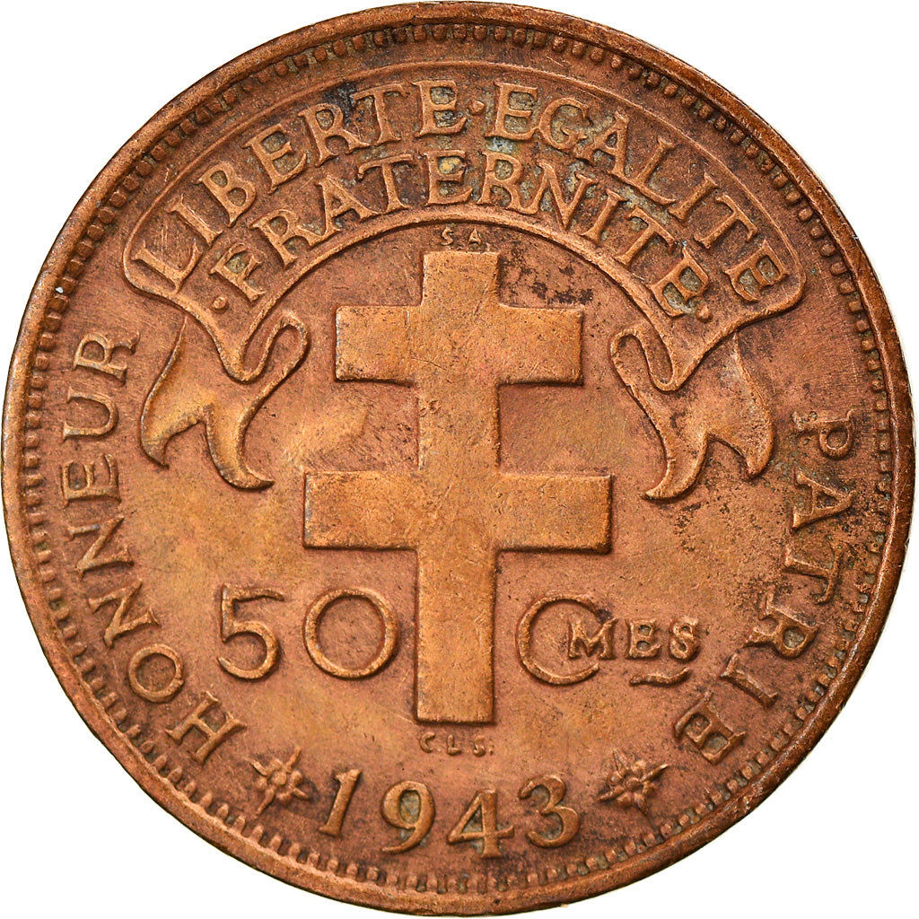 Coin, Madagascar, 50 Centimes, 1943, Pretoria, EF(40-45), Bronze, KM:1