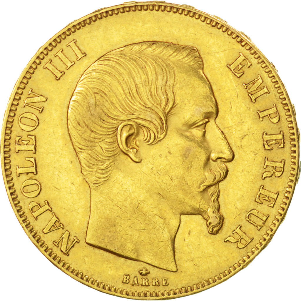 FRANCE, Napoléon III, 50 Francs, 1858, Strasbourg, KM #785.2, EF(40-45), Gold, G