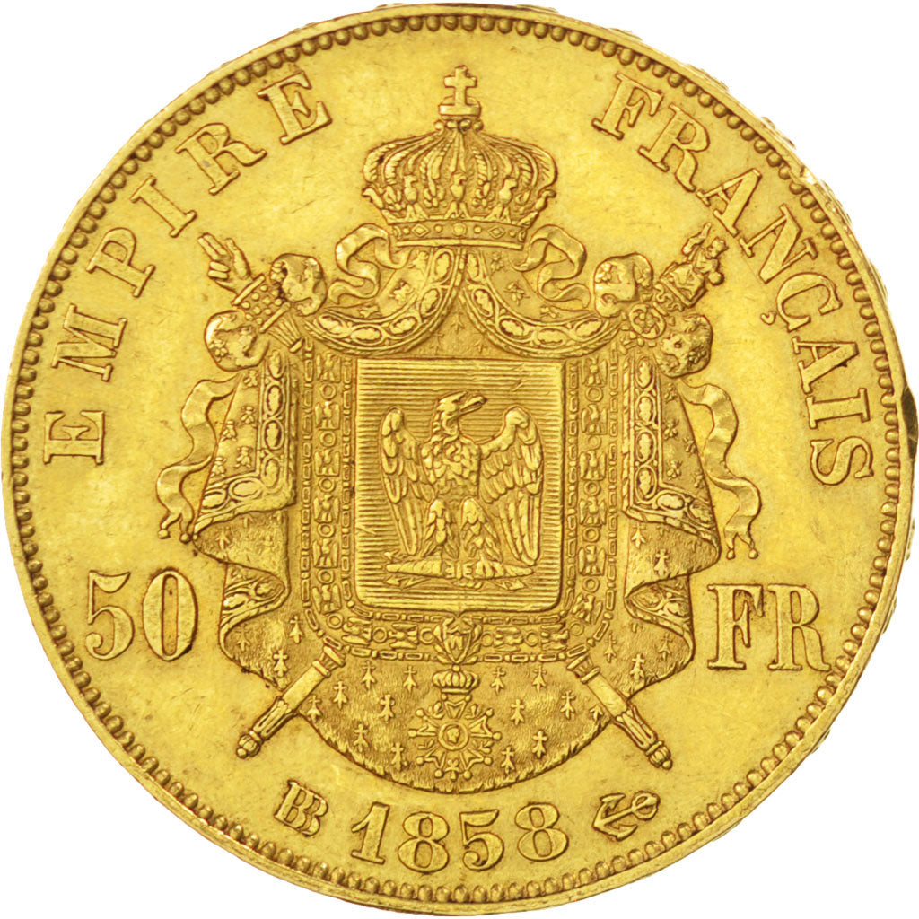 FRANCE, Napoléon III, 50 Francs, 1858, Strasbourg, KM #785.2, EF(40-45), Gold, G