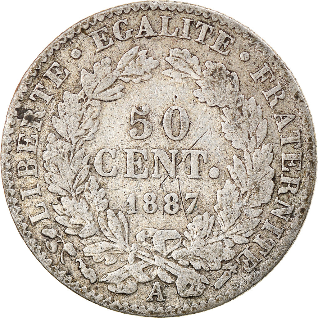 Coin, France, Cérès, 50 Centimes, 1887, Paris, VF(20-25), Silver, KM:834.1