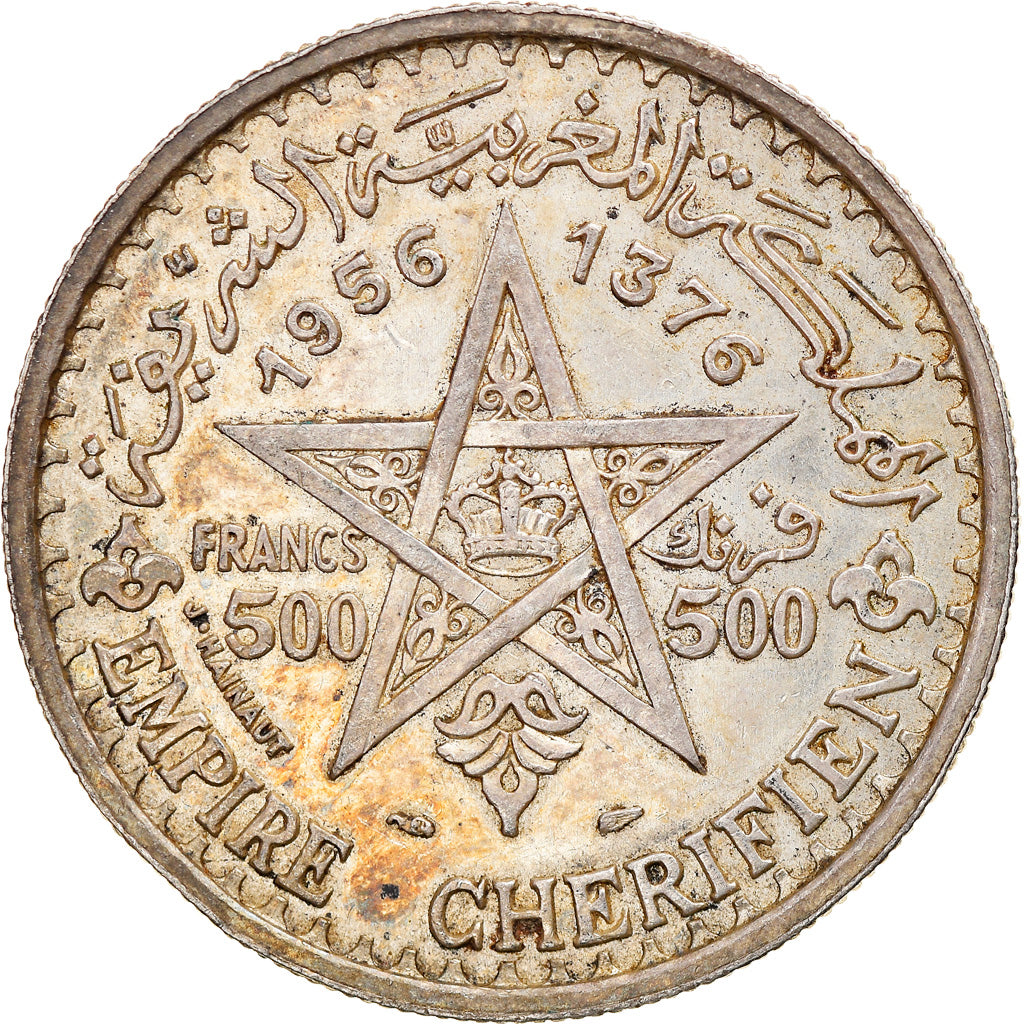 Coin, Morocco, Mohammed V, 500 Francs, 1956/AH1376, Paris, AU(55-58), Silver