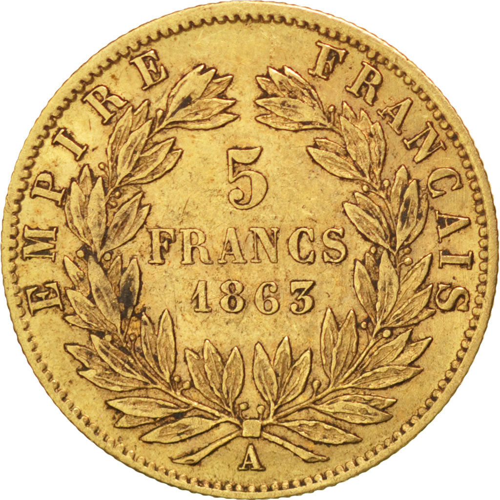 FRANCE, Napoléon III, 5 Francs, 1863, Paris, KM #803.1, EF(40-45), Gold, Gadoury