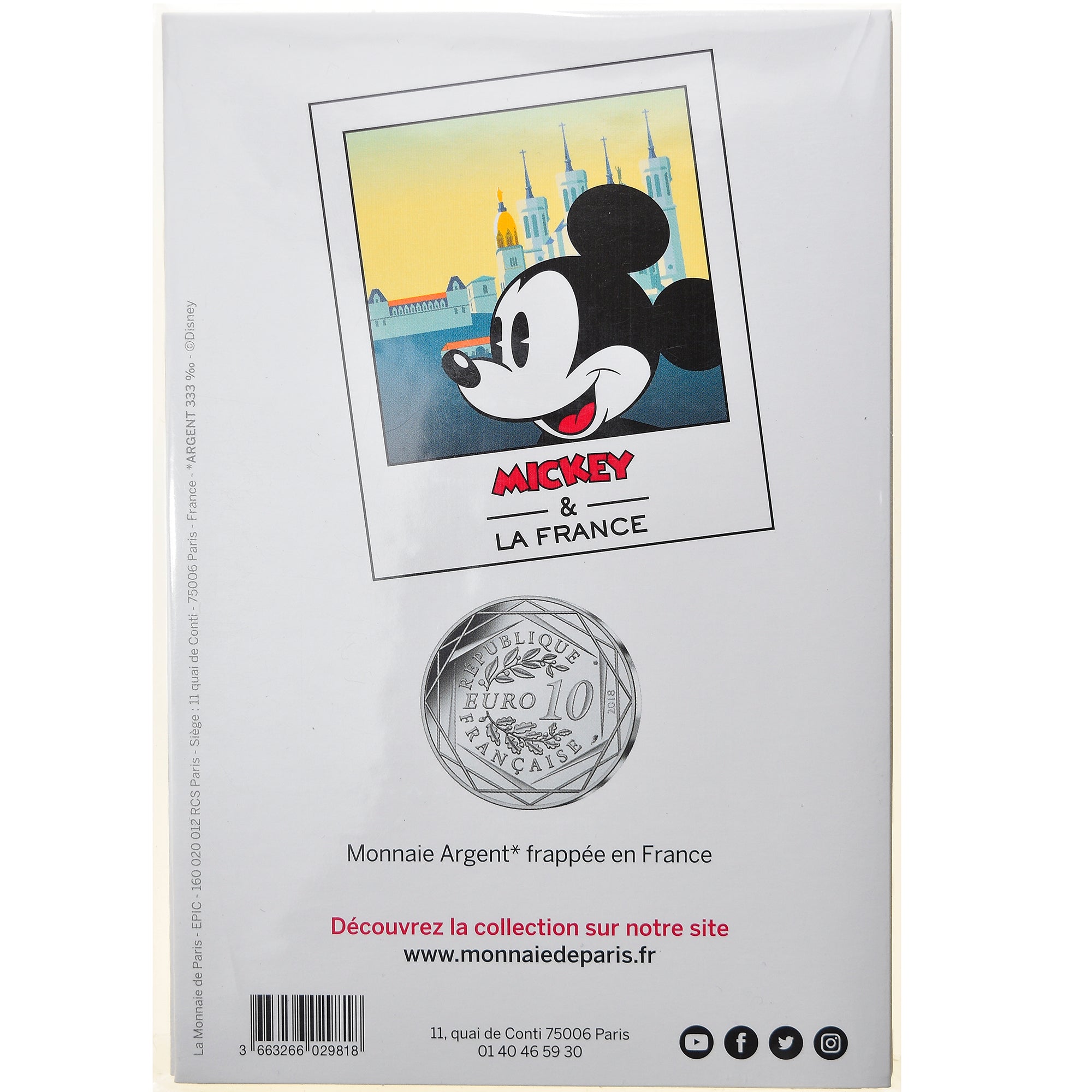 France, Monnaie de Paris, 10 Euro, Mickey (Lyon), 2018, Paris, FDC, Argent