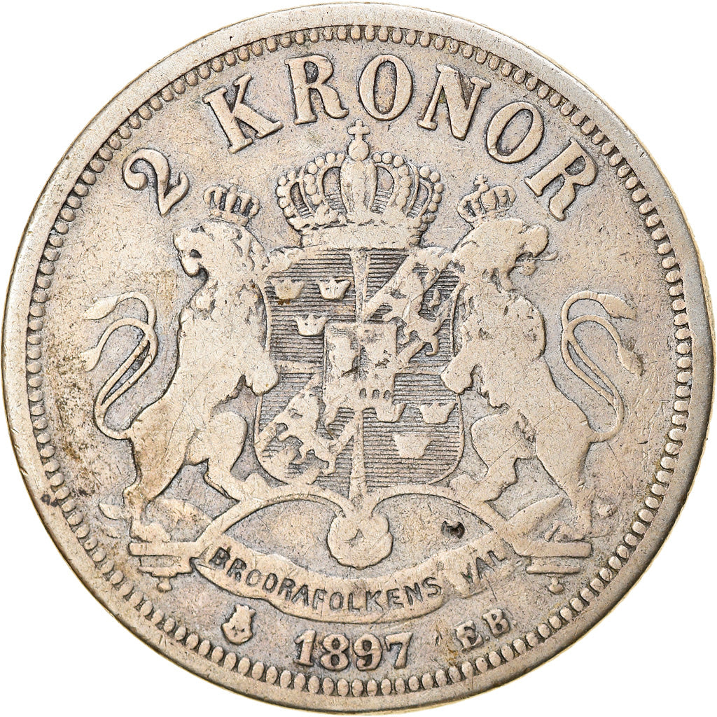 Coin, Sweden, Oscar II, 2 Kronor, 1897, VF(30-35), Silver, KM:761