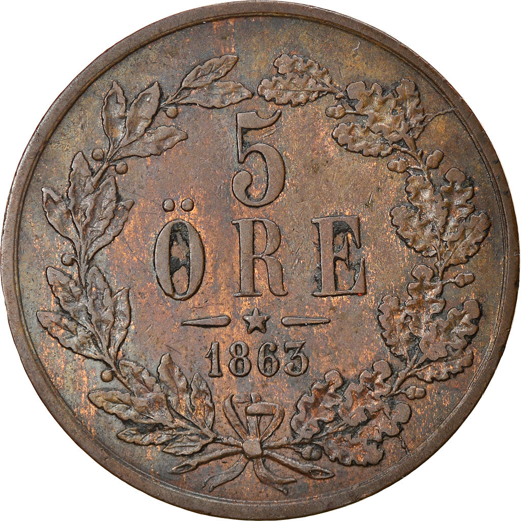 Moneta, Svezia, Carl XV Adolf, 5 Öre, 1863, BB, Bronzo, KM:707