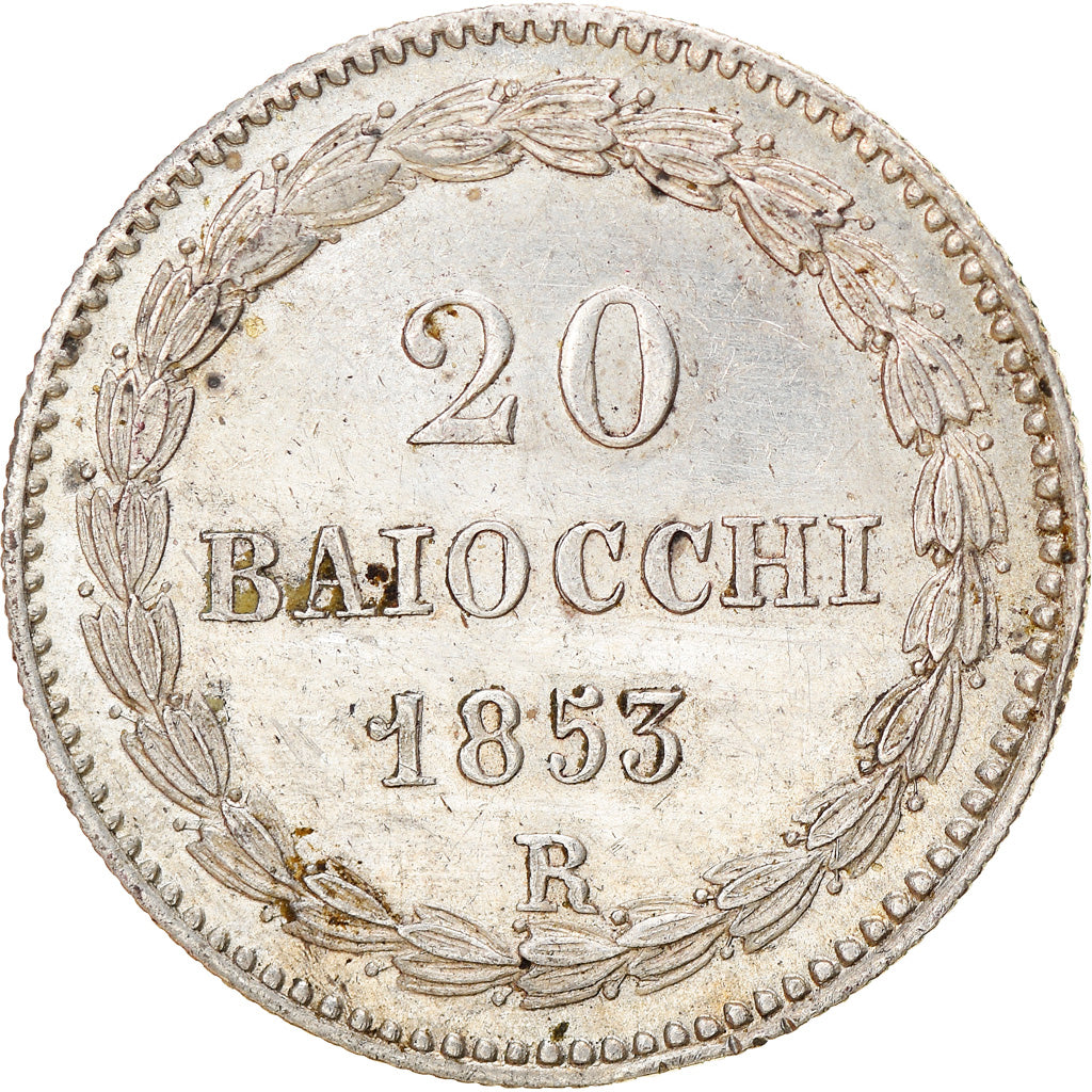 Moeda, ESTADOS ITALIANOS, PAPAL STATES, Pius IX, 20 Baiocchi, 1853, Rome
