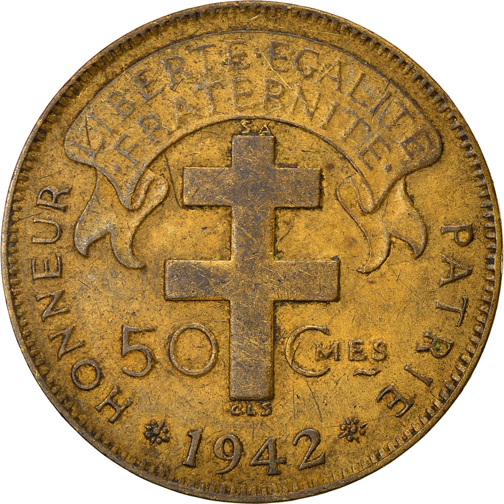 Coin, French Equatorial Africa, 50 Centimes, 1942, Pretoria, EF(40-45), Brass