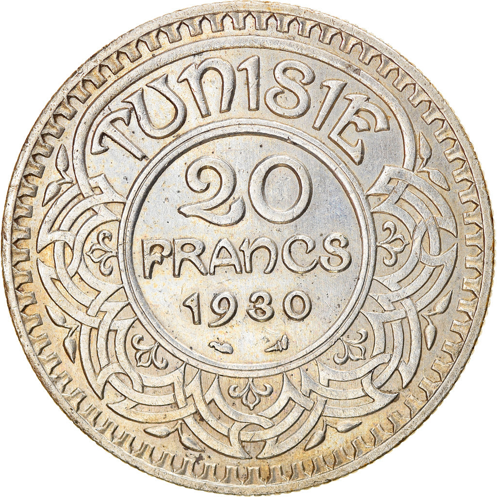 Coin, Tunisia, Ahmad Pasha Bey, 20 Francs, 1930, Paris, AU(50-53), Silver