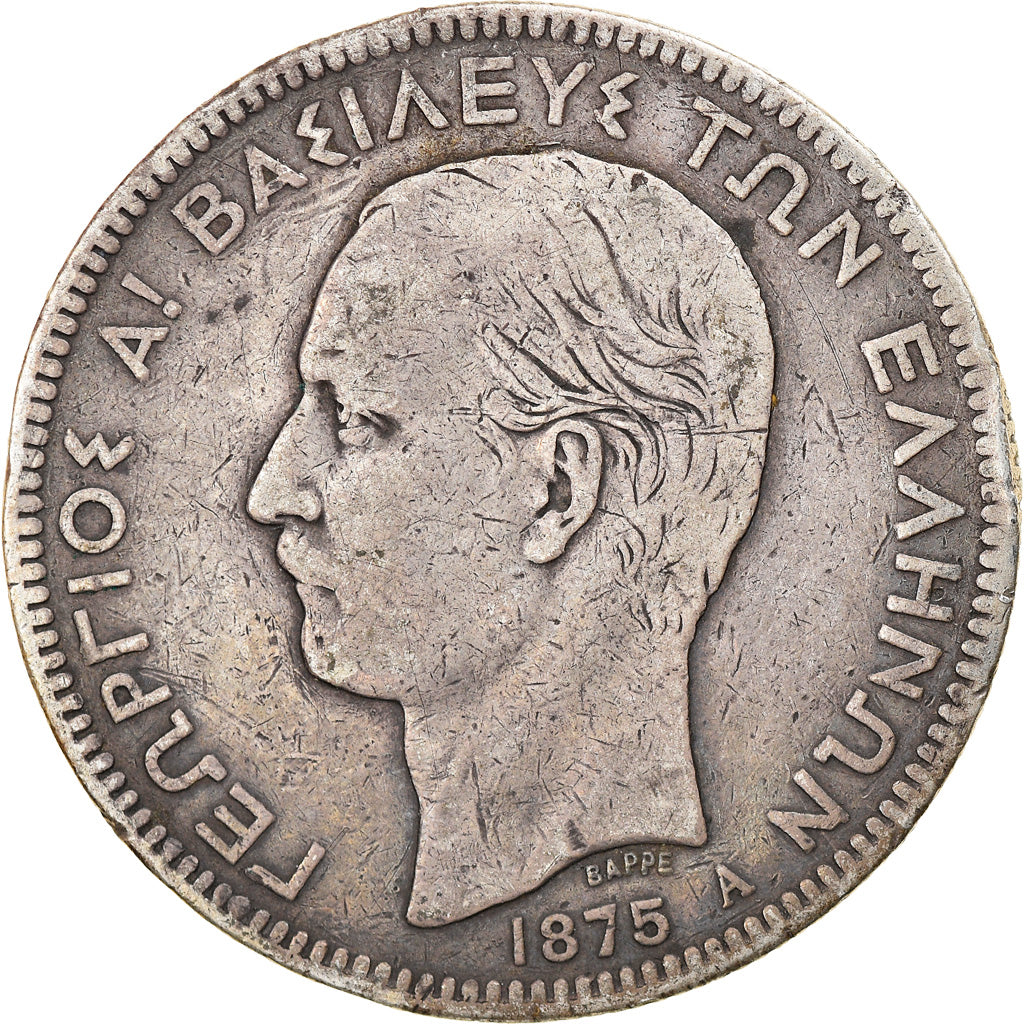 Coin, Greece, George I, 5 Drachmai, 1875, Paris, VF(20-25), Silver, KM:46