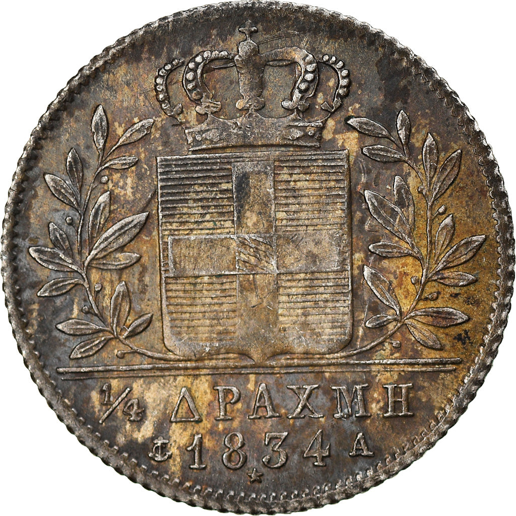 Coin, Greece, Othon, 1/4 Drachma, 1834, Paris, AU(50-53), Silver, KM:18