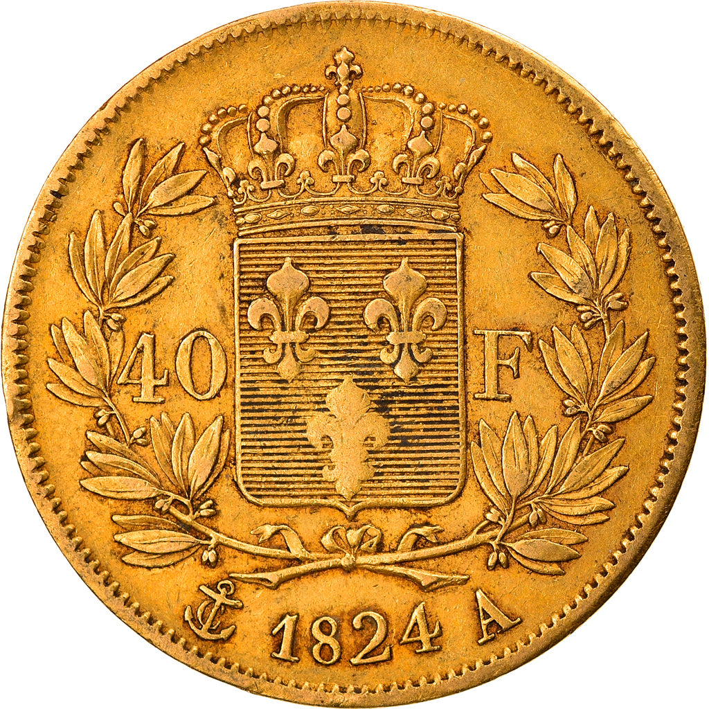 Moneda, Francia, Louis XVIII, 40 Francs, 1824, Paris, MBC, Oro, KM:713.1