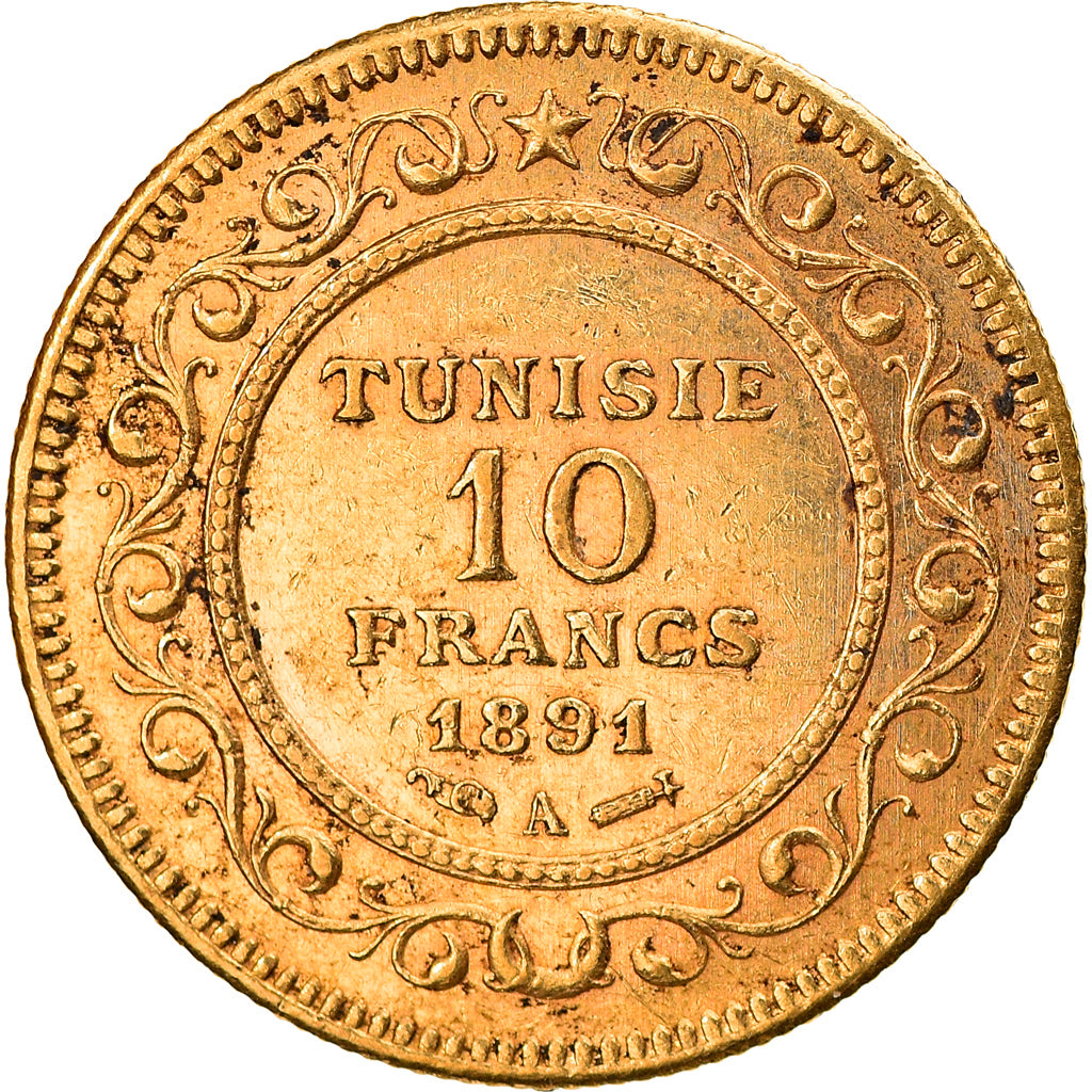 Moneda, Túnez, Ali Bey, 10 Francs, 1891, Paris, MBC, Oro, KM:226
