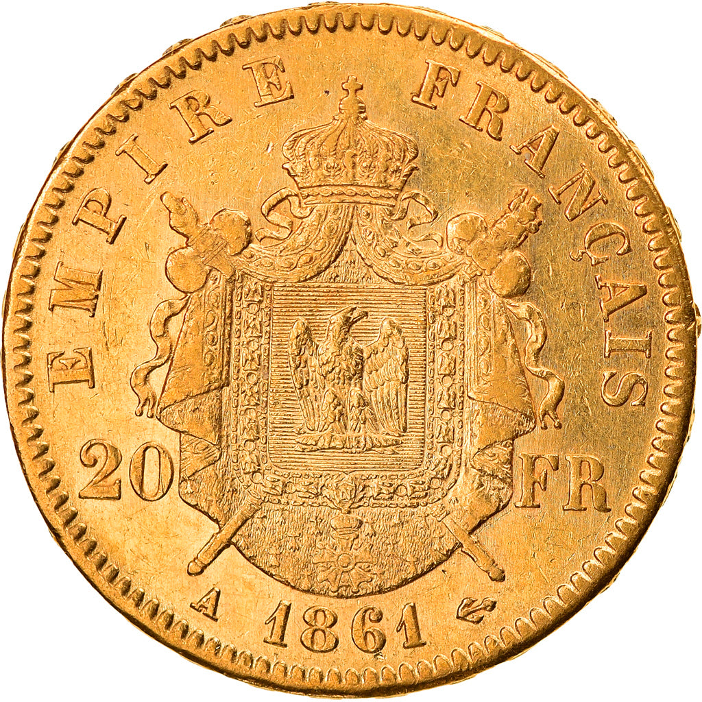 Moneta, Francia, Napoleon III, 20 Francs, 1861, Paris, BB, Oro, KM:801.1