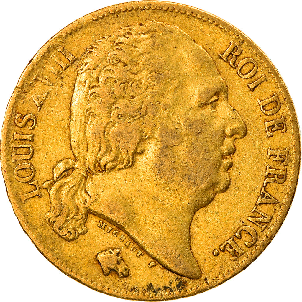 Moeda, França, Louis XVIII, 20 Francs, 1818, Paris, EF(40-45), Dourado