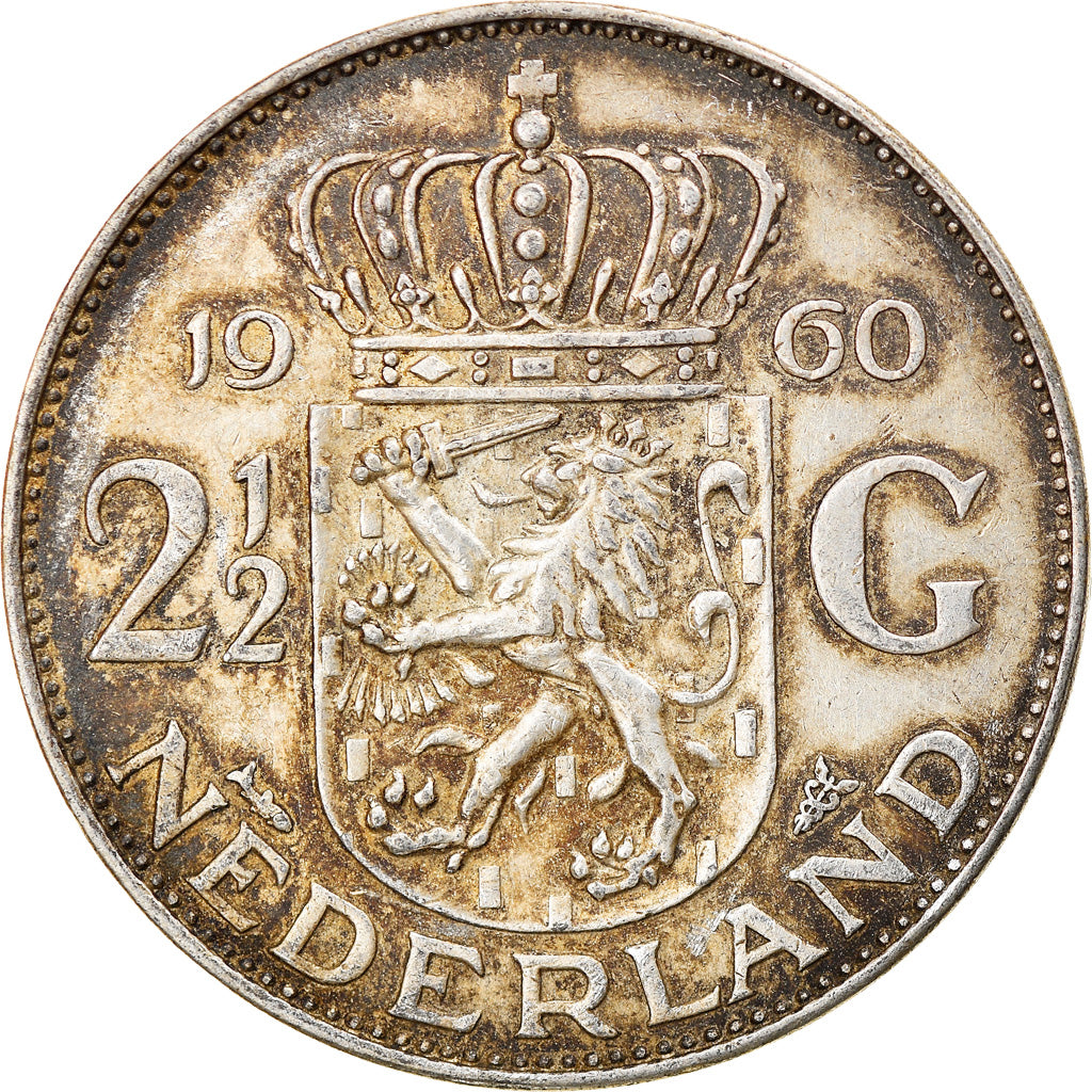 Coin, Netherlands, Juliana, 2-1/2 Gulden, 1960, AU(50-53), Silver, KM:185