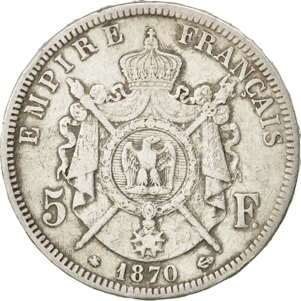 FRANCE, Napoléon III, 5 Francs, 1870, Paris, KM #799.1, VF(20-25), Silver, G...