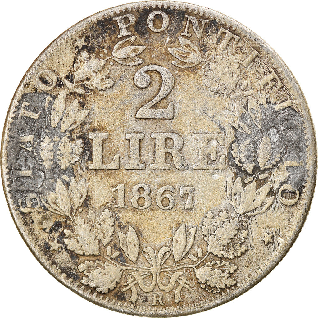 Coin, ITALIAN STATES, PAPAL STATES, Pius IX, 2 Lire, 1867, Roma, VF(30-35)