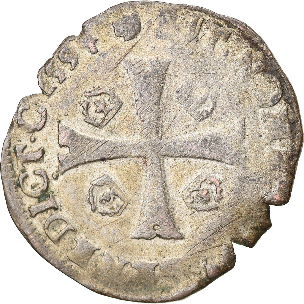 Monnaie, France, Henri III, La Ligue, Douzain aux deux H, 1594, Toulouse, TB