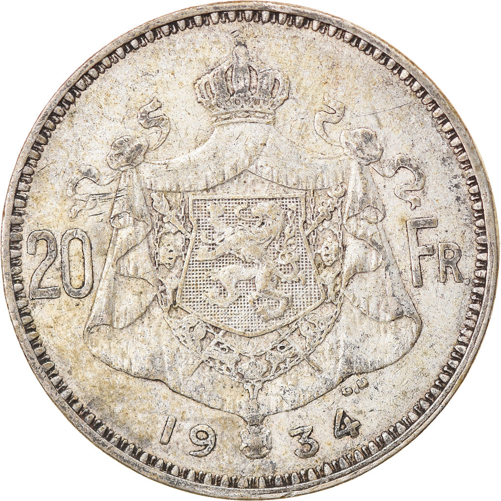 Coin, Belgium, 20 Francs, 20 Frank, 1934, VF(30-35), Silver, KM:103.1