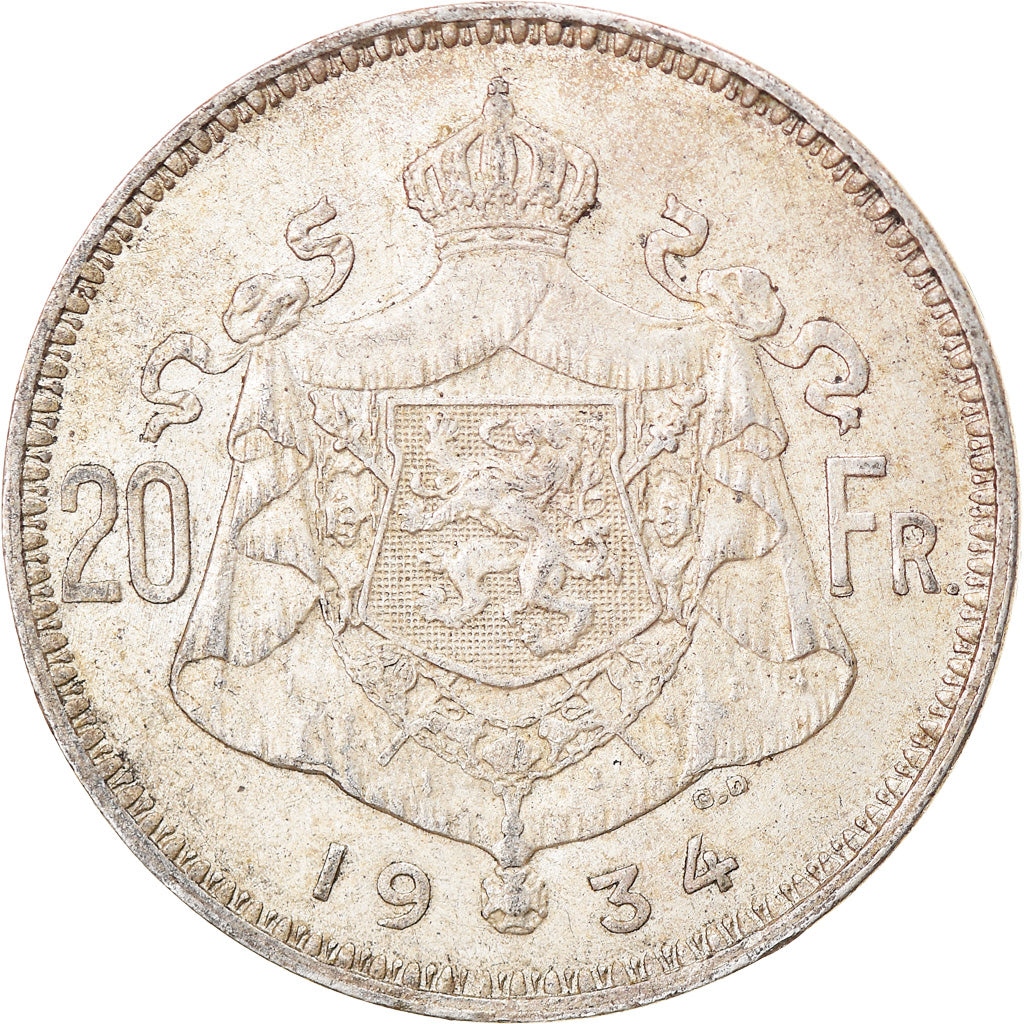 Coin, Belgium, 20 Francs, 20 Frank, 1934, EF(40-45), Silver, KM:104.1