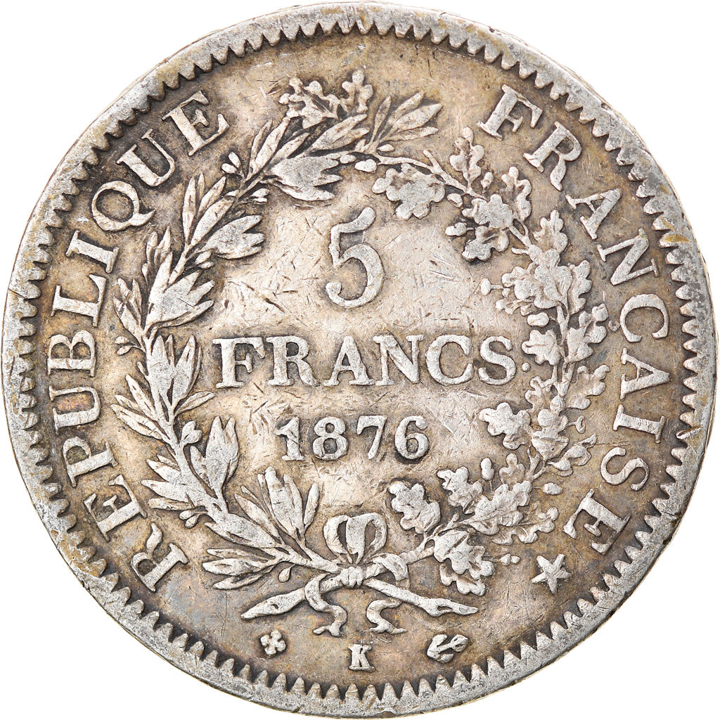 Coin, France, Hercule, 5 Francs, 1876, Bordeaux, VF(30-35), Silver, KM:820.2
