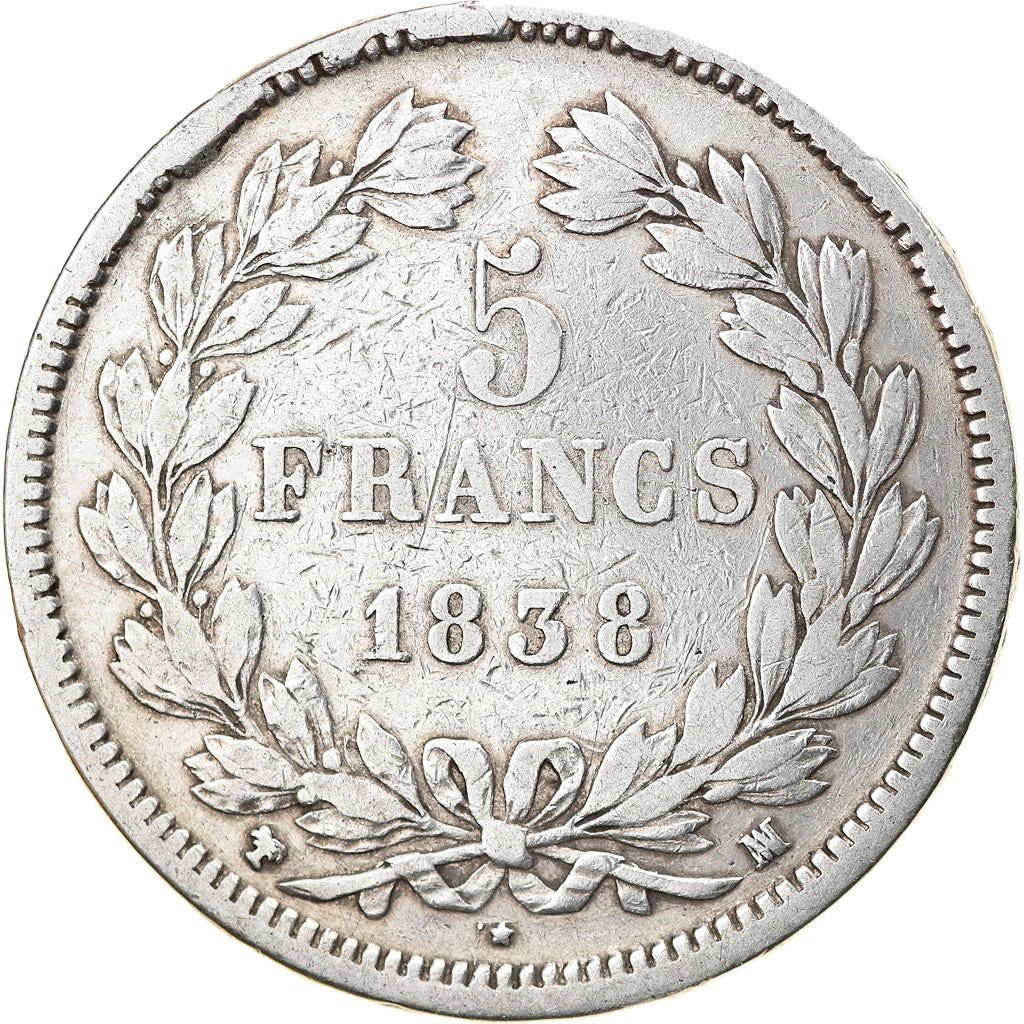 Moneta, Francia, Louis-Philippe, 5 Francs, 1838, Marseille, MB+, Argento