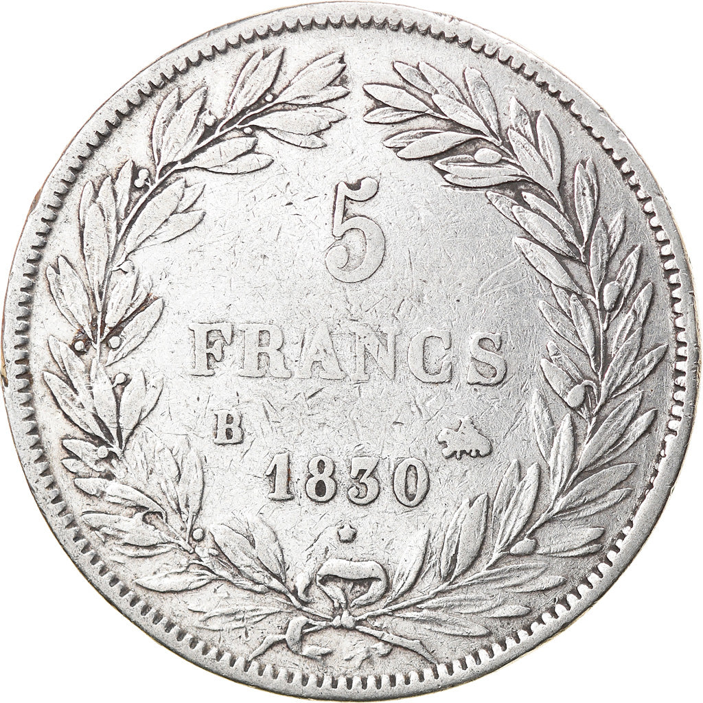 Moneta, Francia, Louis-Philippe, 5 Francs, 1830, Rouen, MB+, Argento, KM:735.2